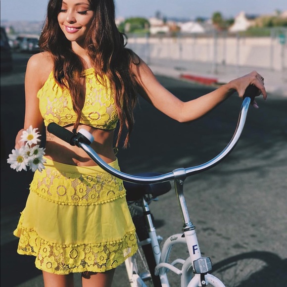 Tops - Yellow Crochet Lace Keyhole Mini Skirt Pom Set